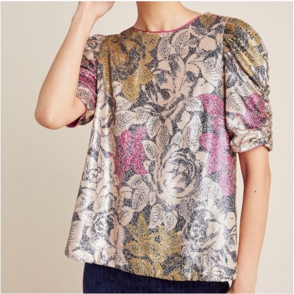 Anthropologie Sequin Floral Blouse Top Sz 8 Gold Party Evening Puff Sleeve Shiny